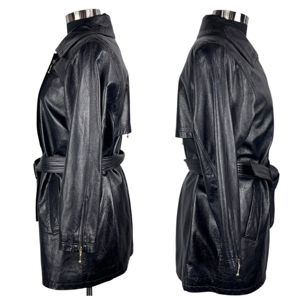 VINTAGE PROMODA GENUINE LEATHER BLACK CLASSIC ASYMMETRIC ZIP FRONT BELTED JACKET - Picture 7 of 16